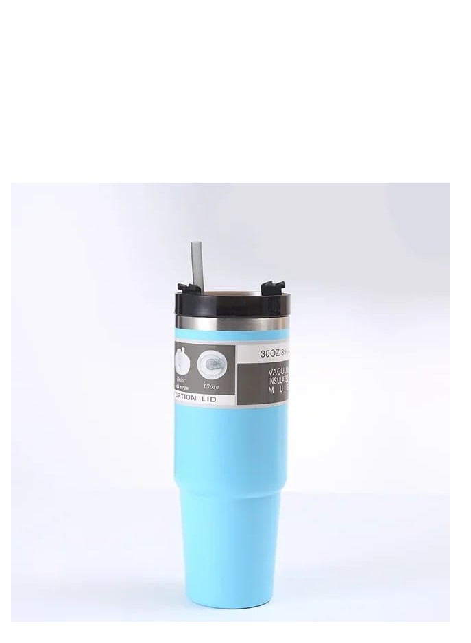 Stainless Steel Large Capacity Macaron Colored Vacuum Insulated Tumbler,30oz Classic Fashionable Car Cup With Straw, Random blue