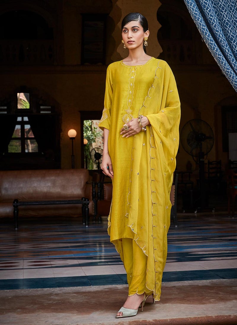 Mustard Silk Zari Work Kurta Suit with Dupatta