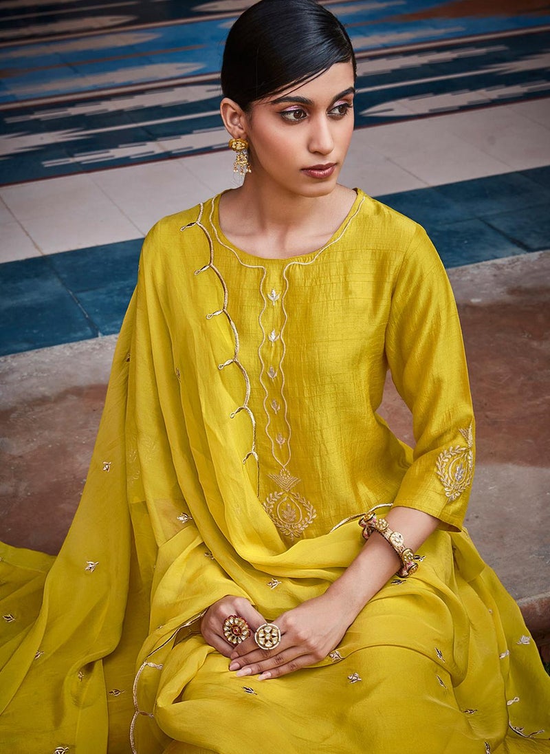 Mustard Silk Zari Work Kurta Suit with Dupatta