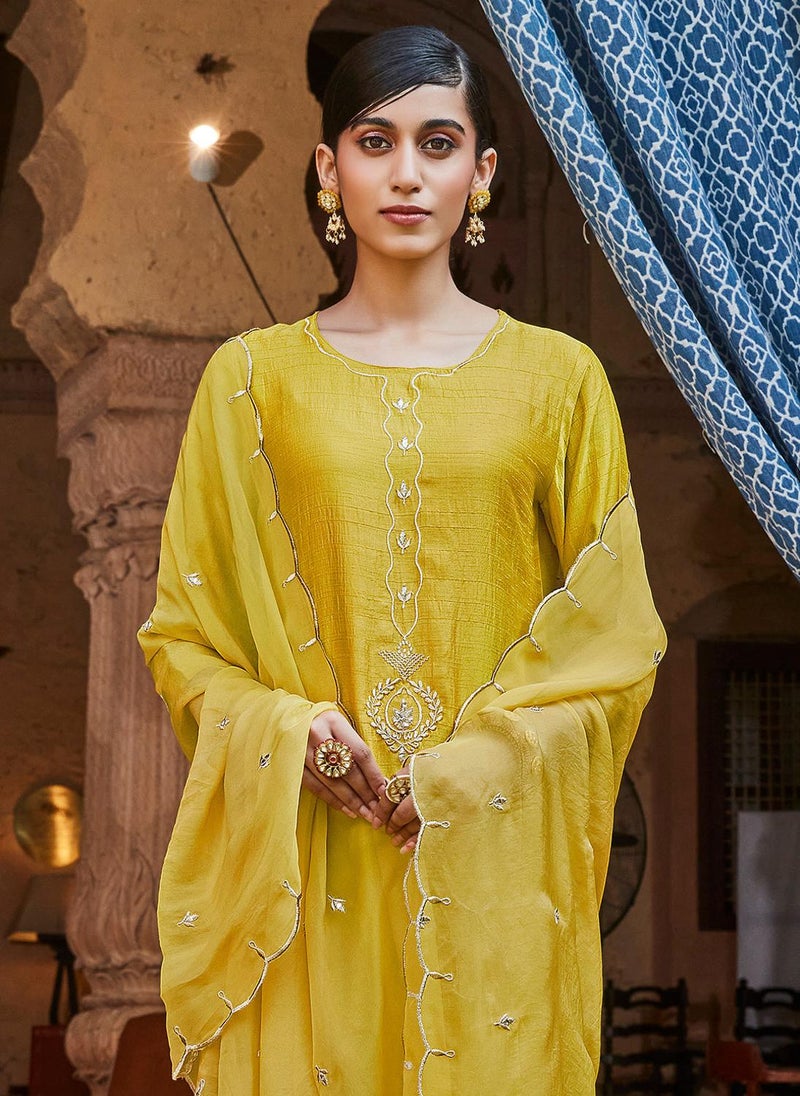 Mustard Silk Zari Work Kurta Suit with Dupatta