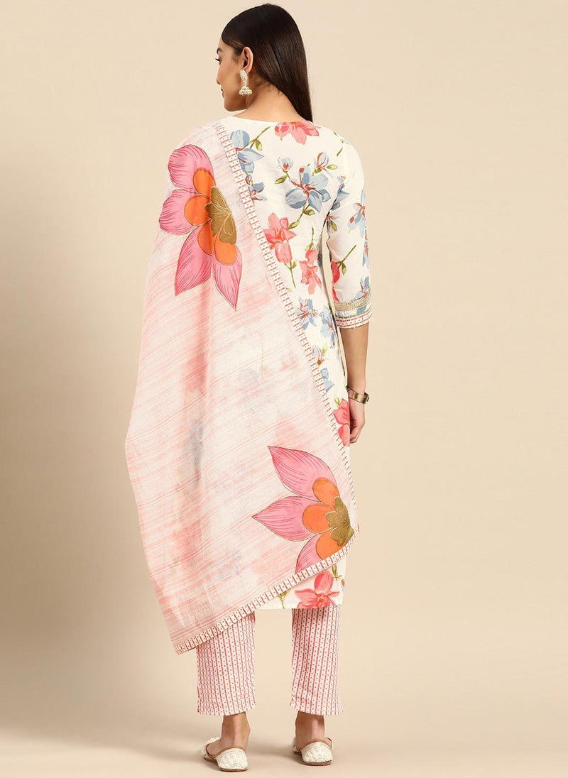 Floral Pink & Off-White Cotton Kurta Set