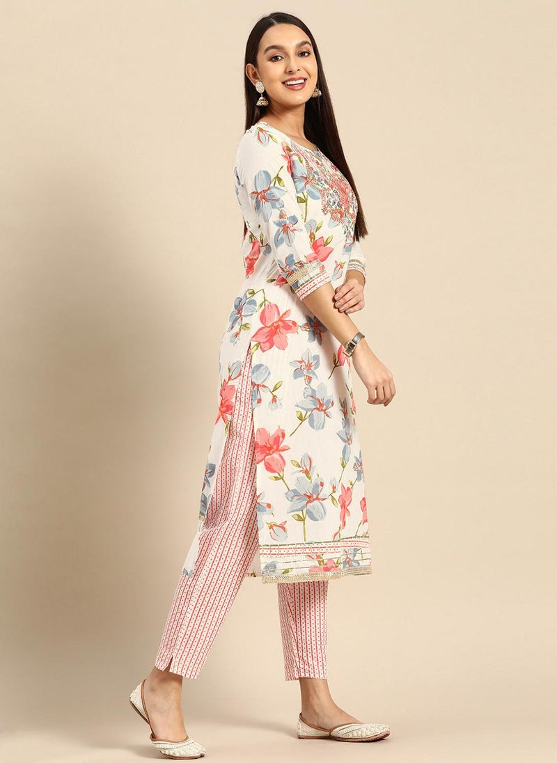 Floral Pink & Off-White Cotton Kurta Set