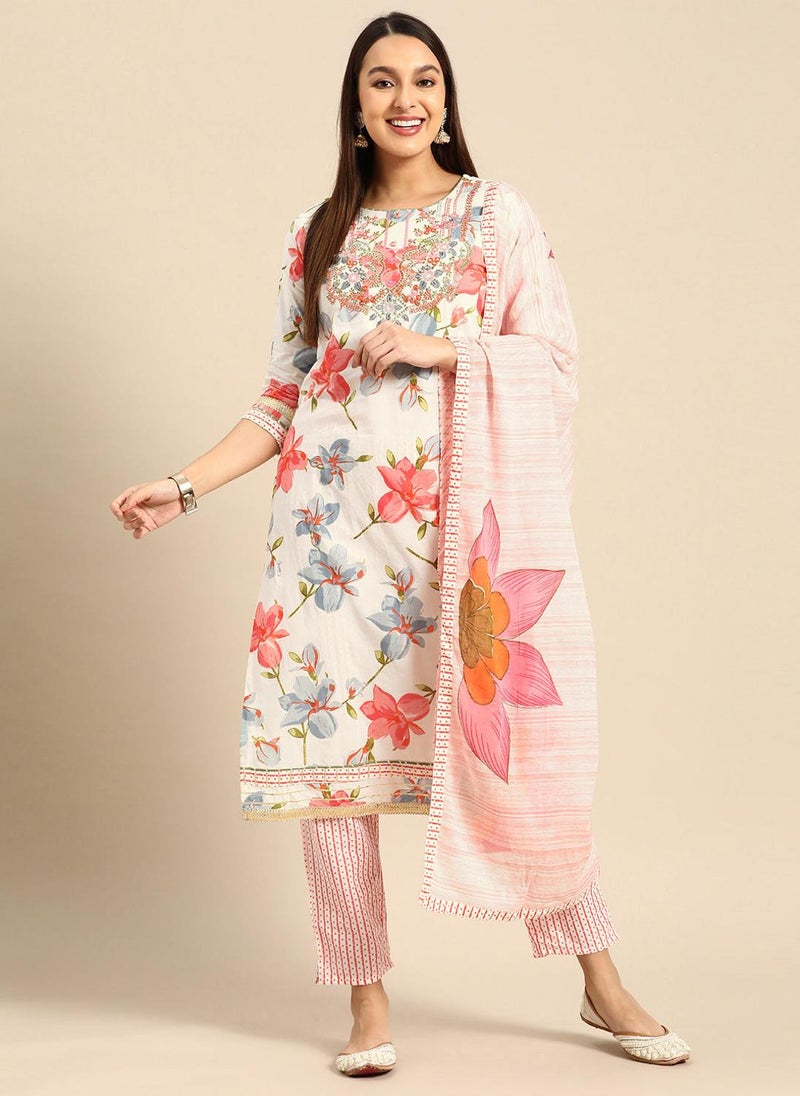 Floral Pink & Off-White Cotton Kurta Set