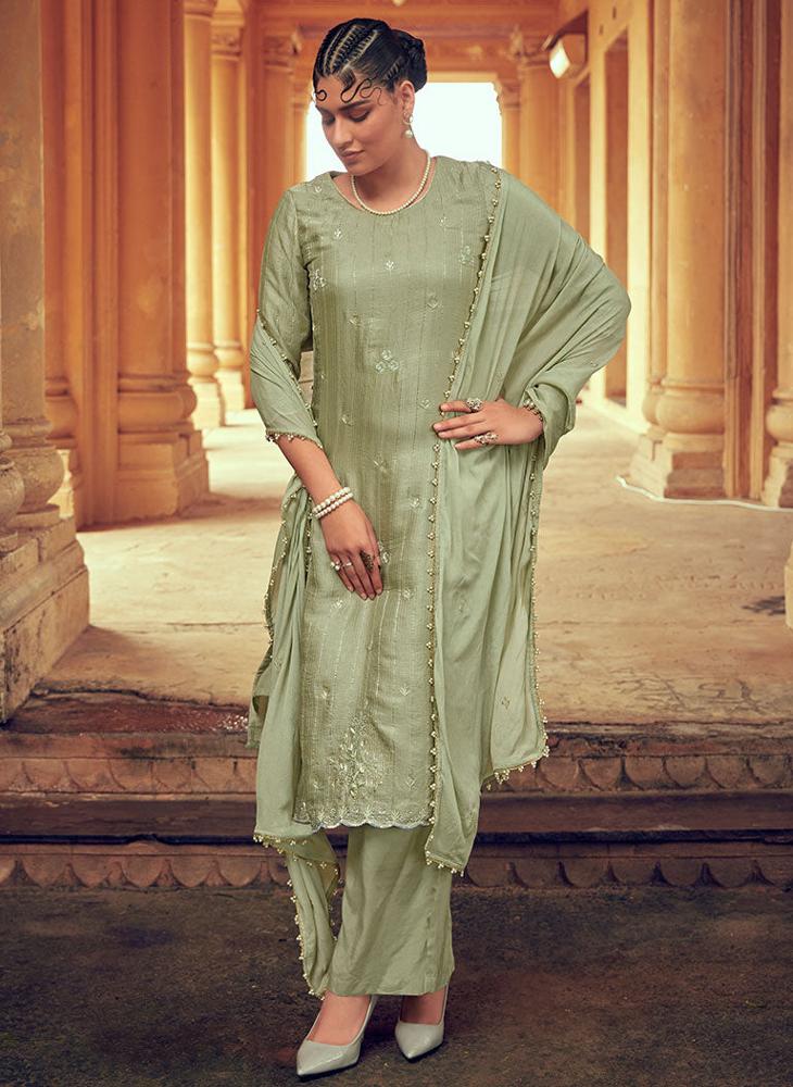 Sage Green Silk Straight Zardozi Kurta Suit Set