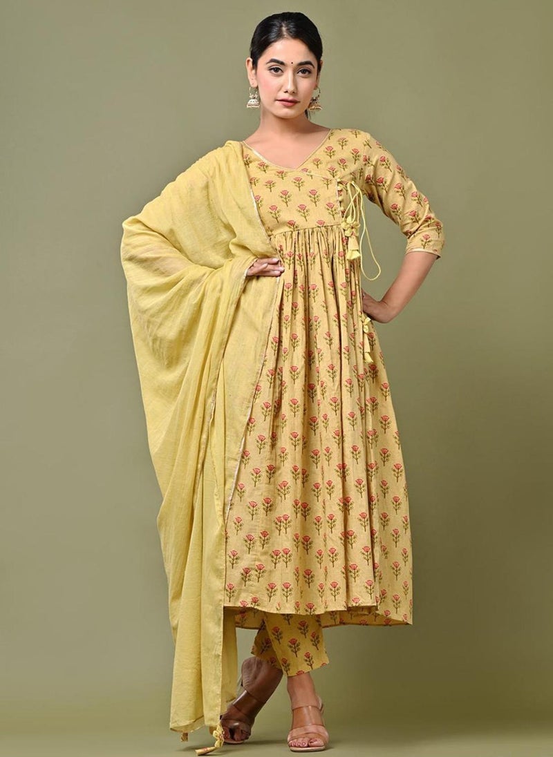 Fulwari Yellow Printed Anarkali Set (Set Of 3)