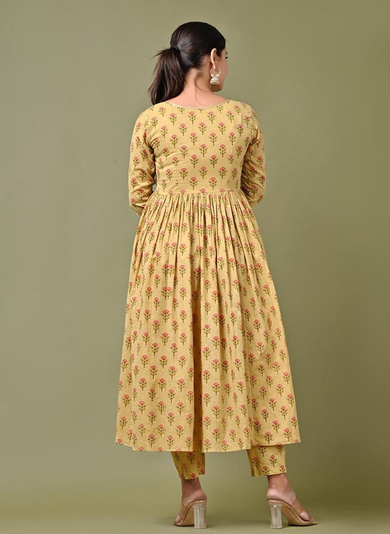 Fulwari Yellow Printed Anarkali Set (Set Of 3)