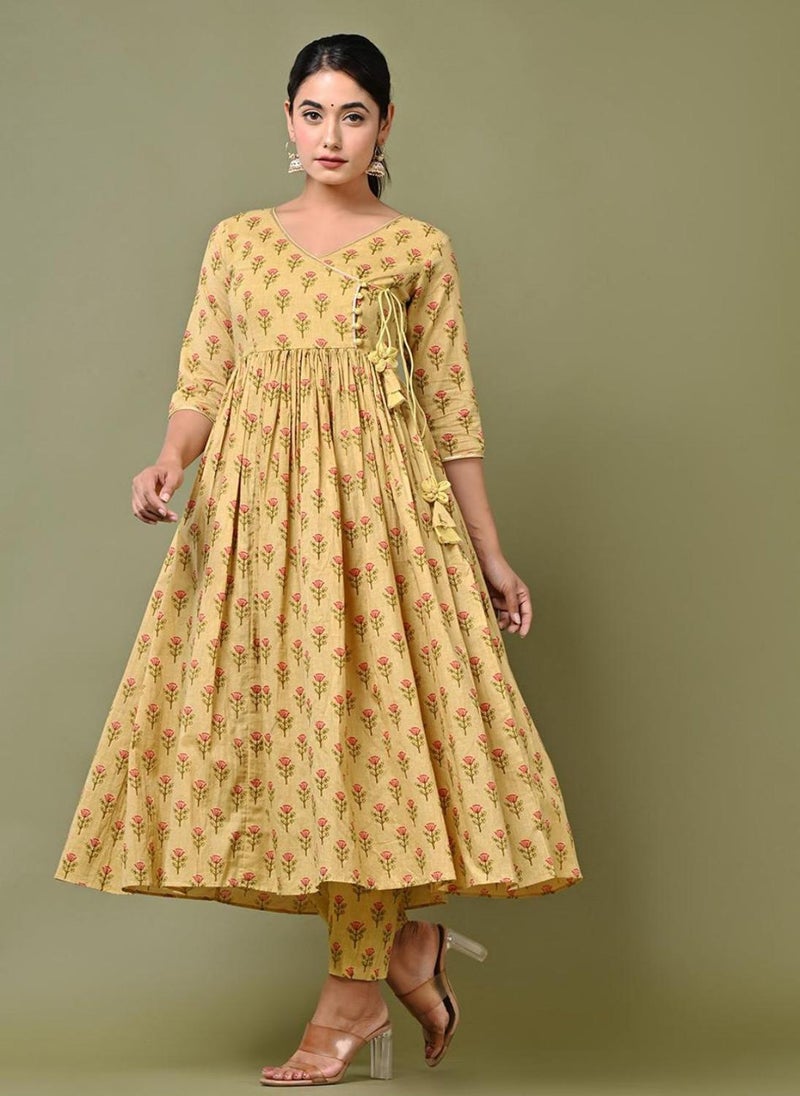 Fulwari Yellow Printed Anarkali Set (Set Of 3)