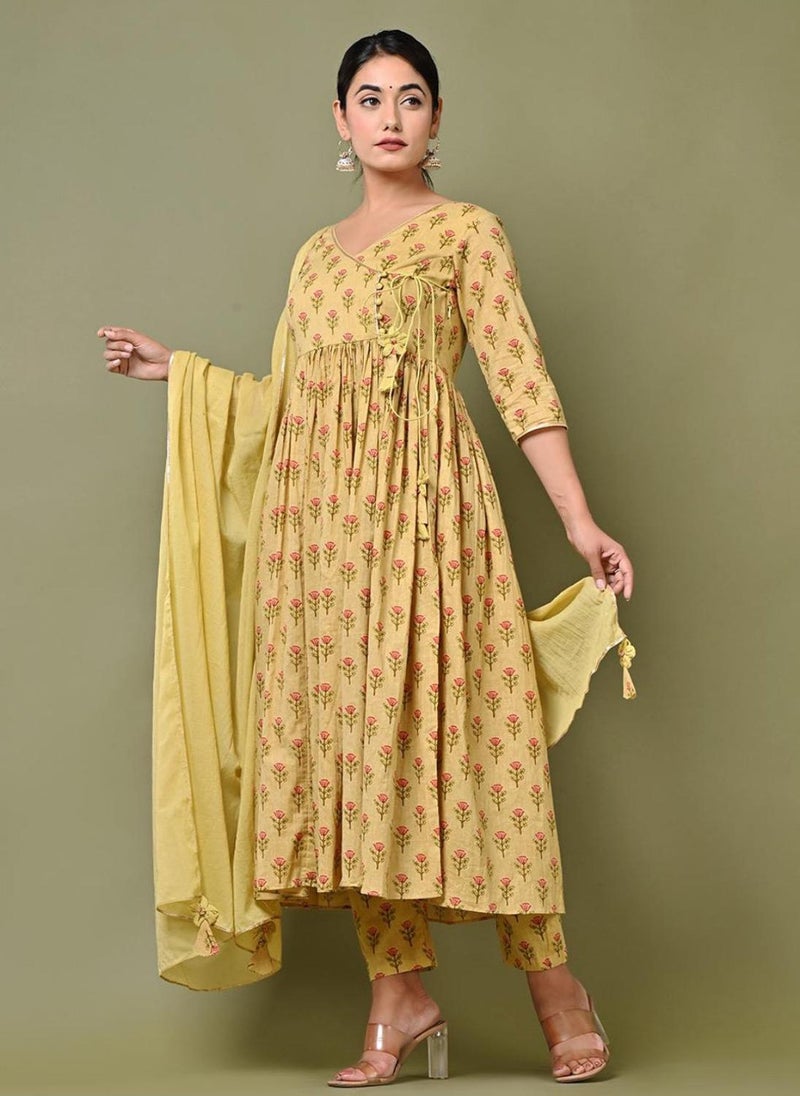 Fulwari Yellow Printed Anarkali Set (Set Of 3)