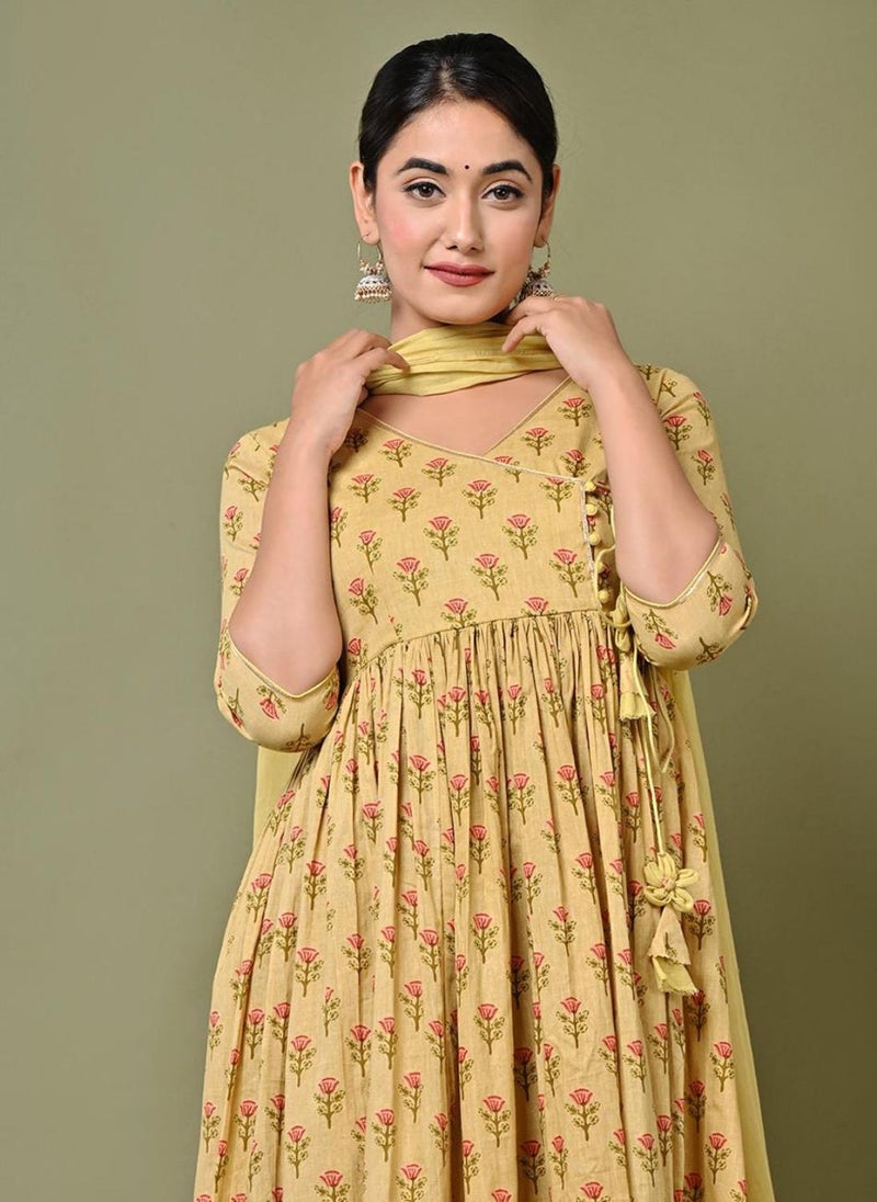 Fulwari Yellow Printed Anarkali Set (Set Of 3)