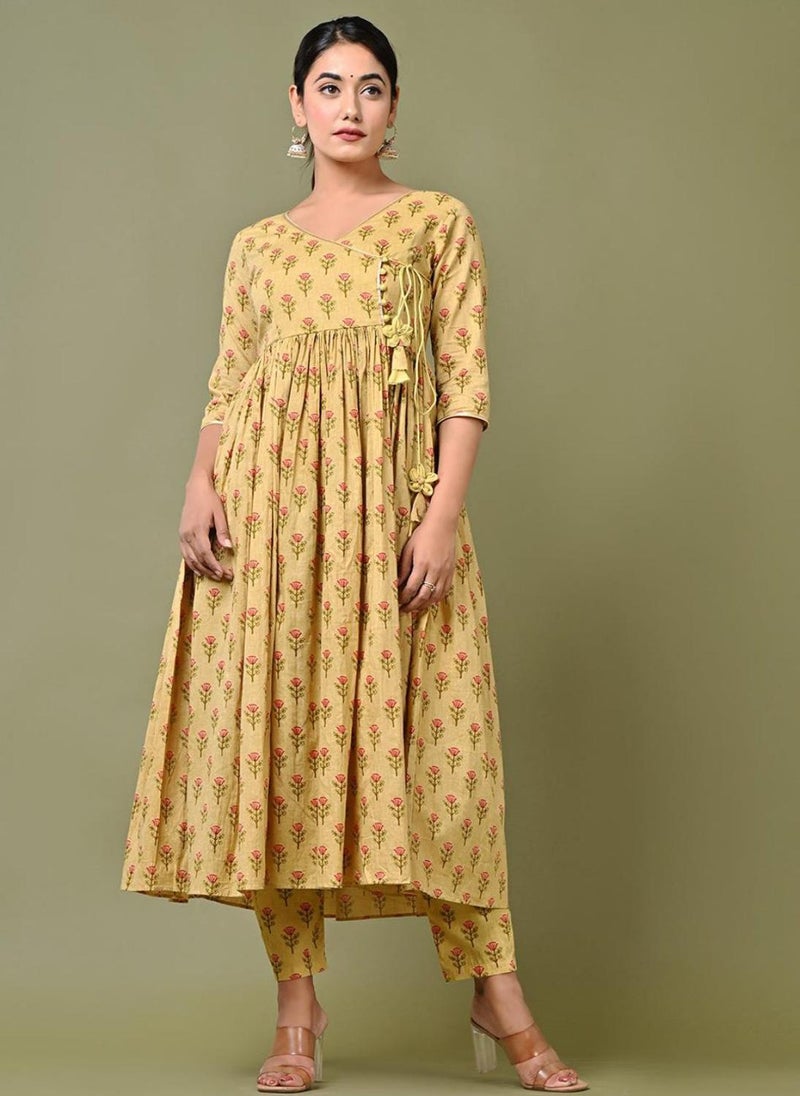 Fulwari Yellow Printed Anarkali Set (Set Of 3)