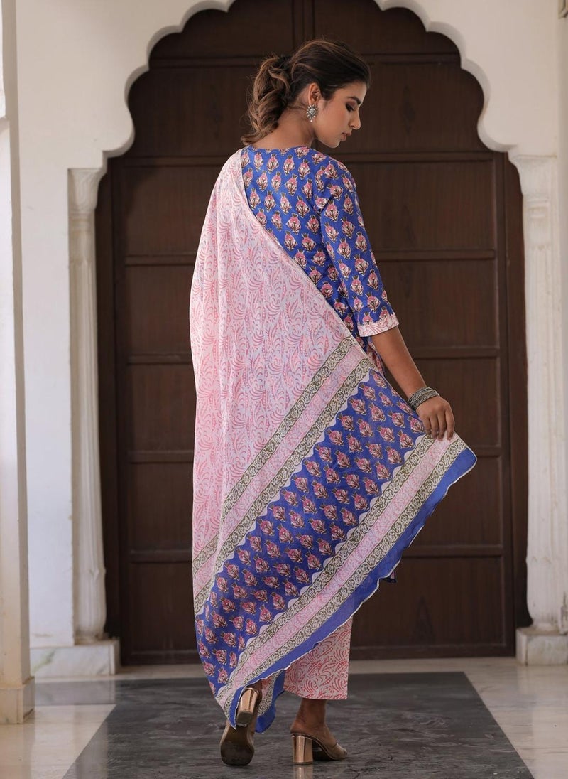 Blue & Pink Casual Cotton Kurta Set & Dupatta