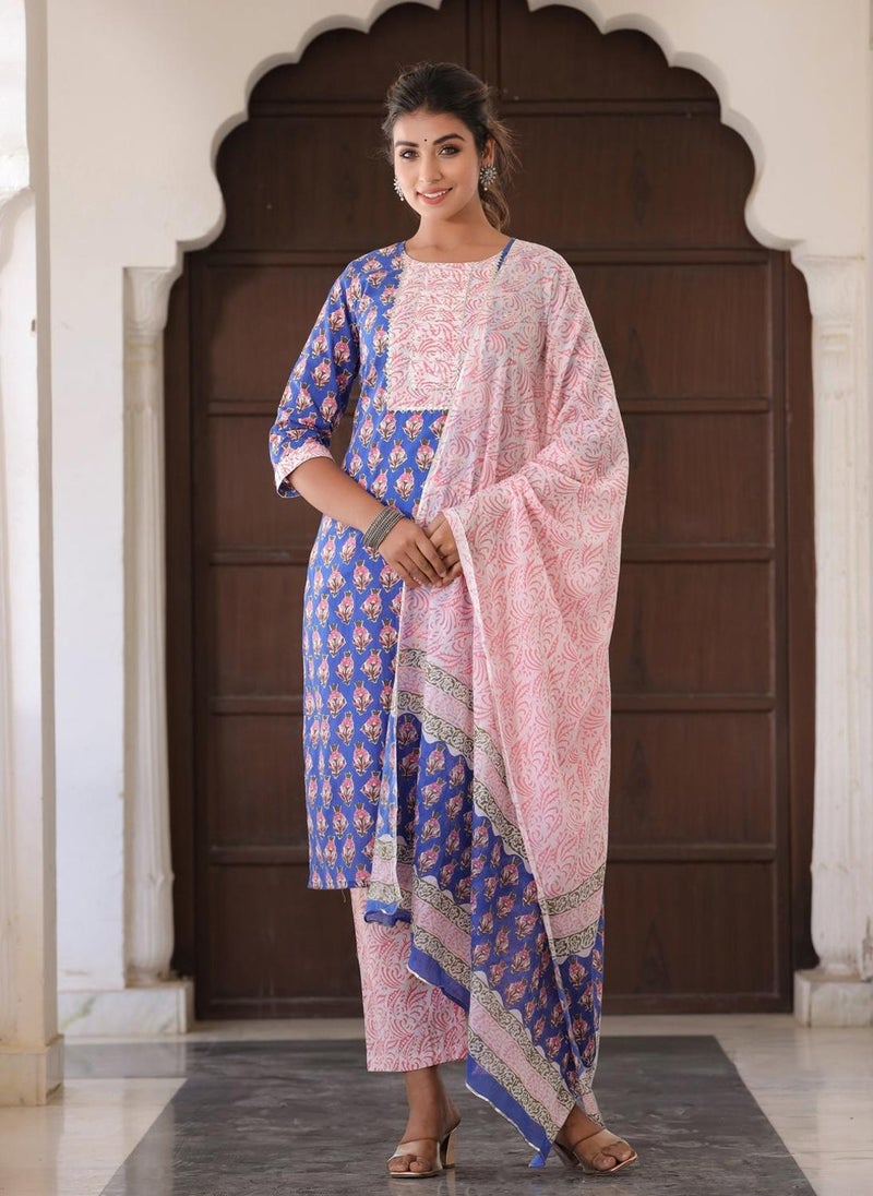 Blue & Pink Casual Cotton Kurta Set & Dupatta