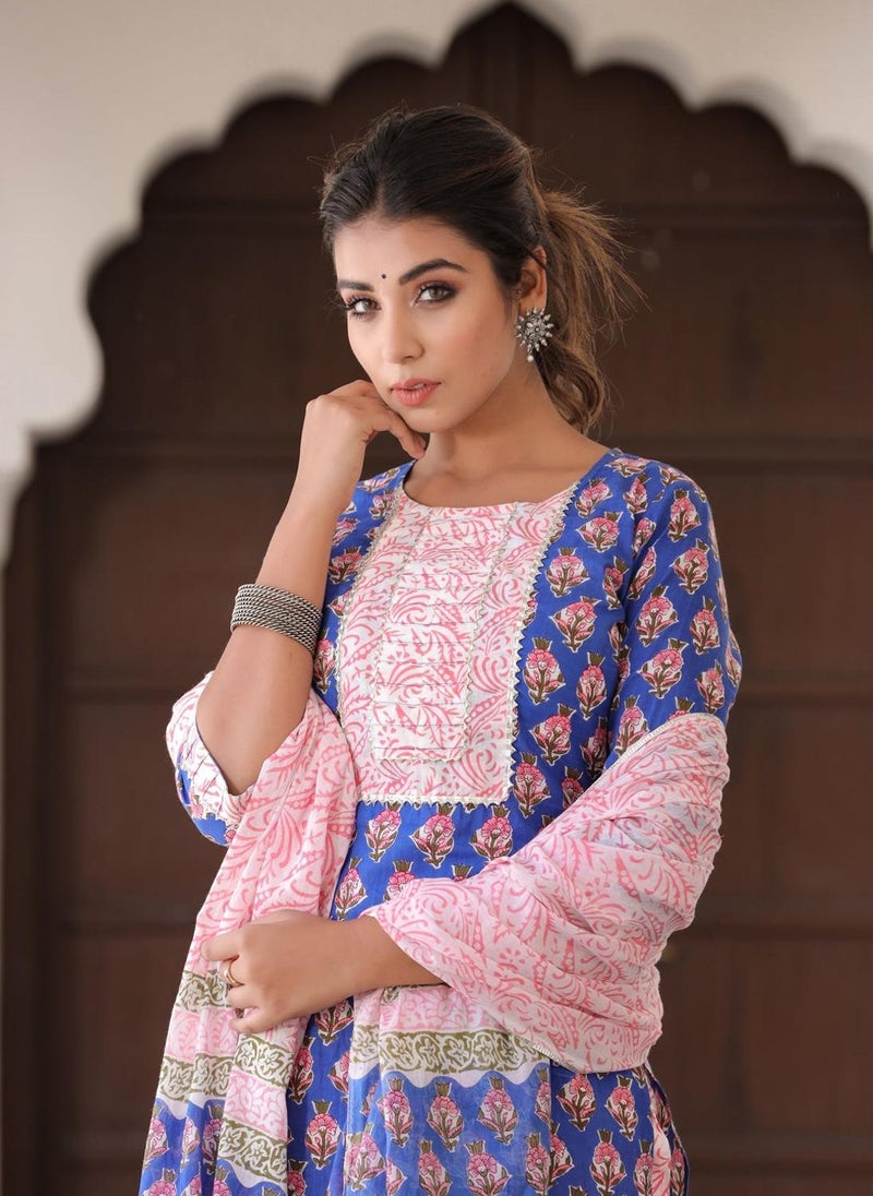 Blue & Pink Casual Cotton Kurta Set & Dupatta