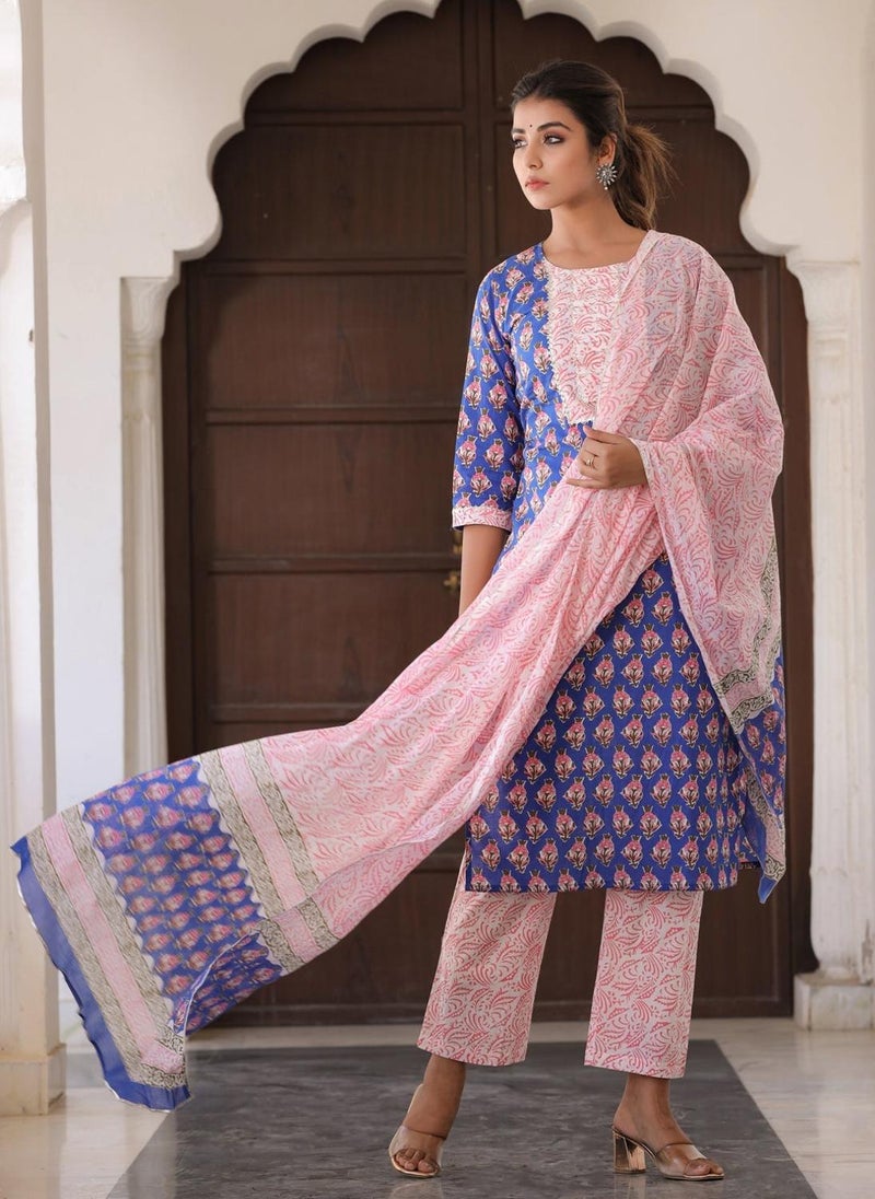 Blue & Pink Casual Cotton Kurta Set & Dupatta