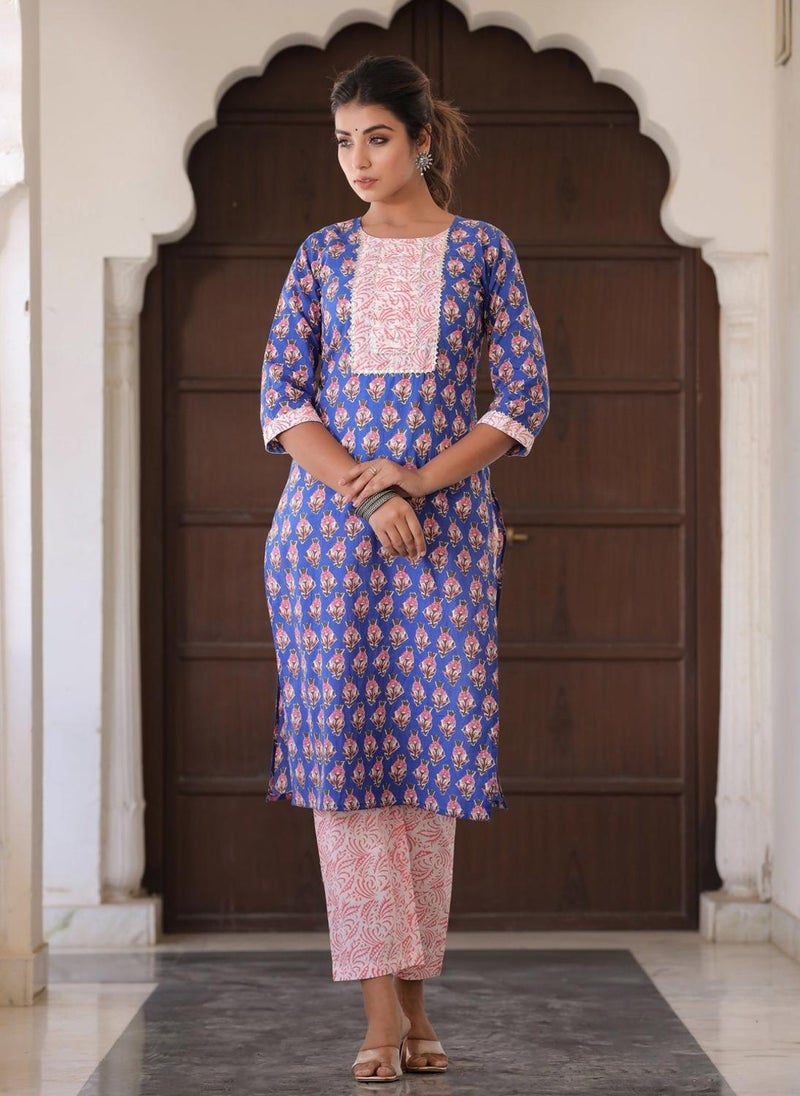 Blue & Pink Casual Cotton Kurta Set & Dupatta