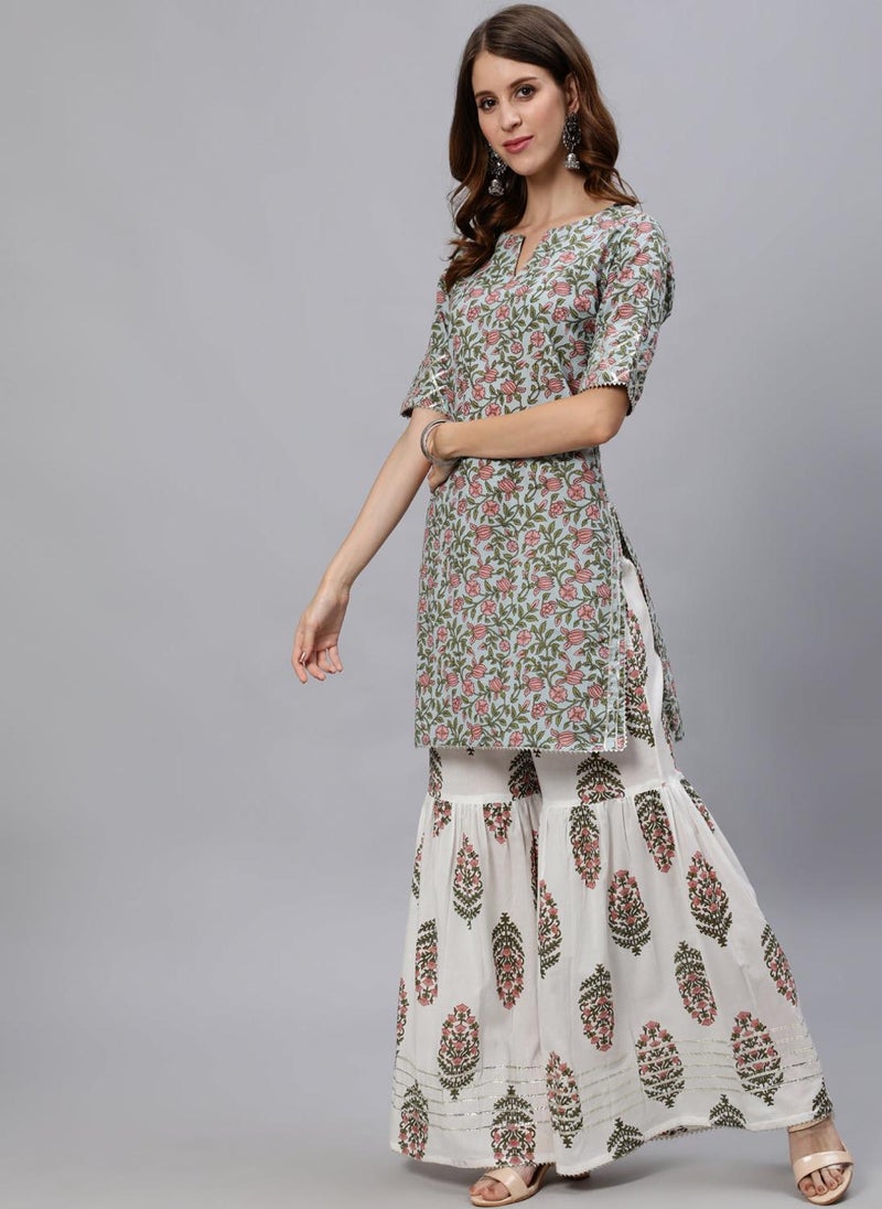 Pink Embroidered Kurta With Sharara & Dupatta