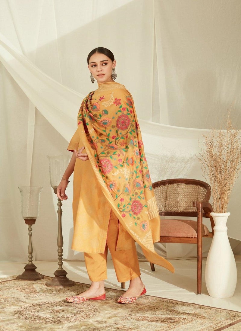 Amber Yellow Pure Chanderi Silk Printed Suit Set