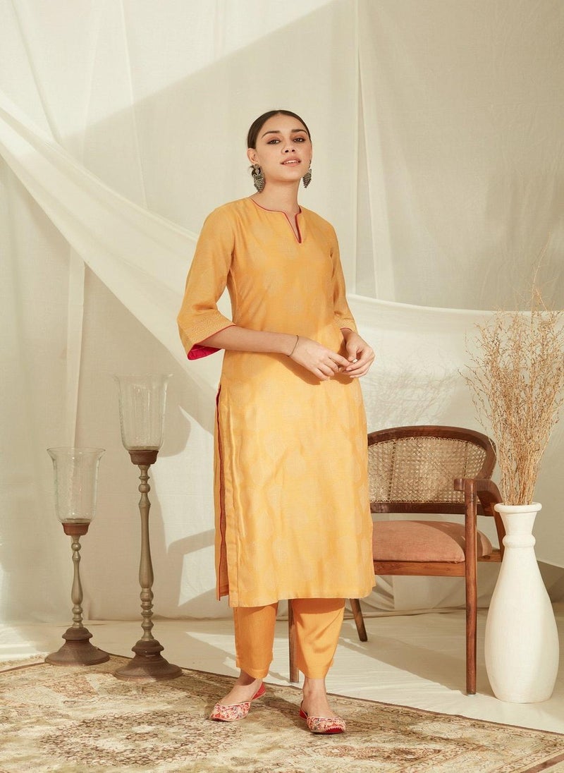 Amber Yellow Pure Chanderi Silk Printed Suit Set