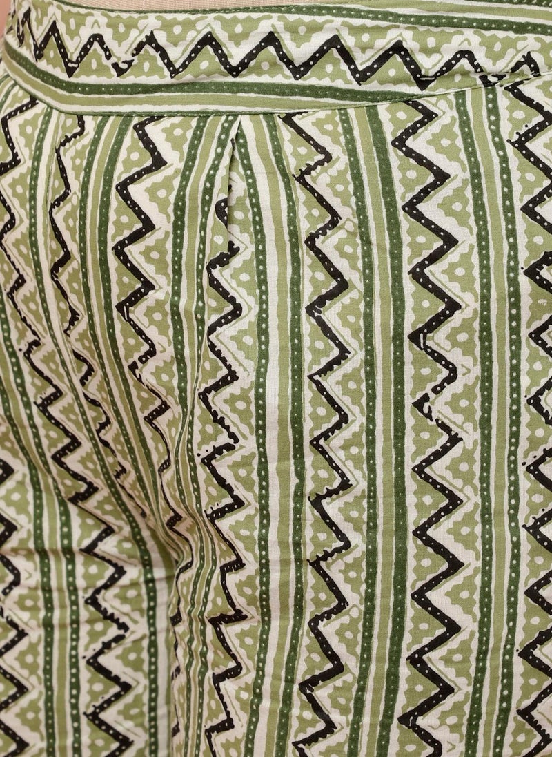 Olive Green Leaf and Chevron Print Flared Kurta Set