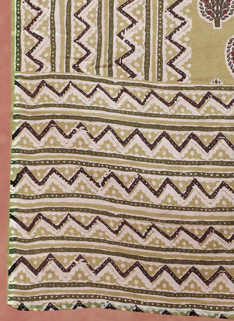 Olive Green Leaf and Chevron Print Flared Kurta Set