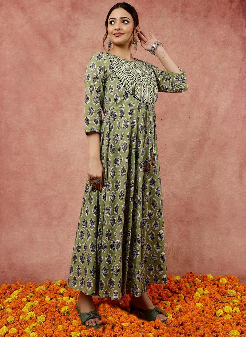 Olive Green Leaf and Chevron Print Flared Kurta Set