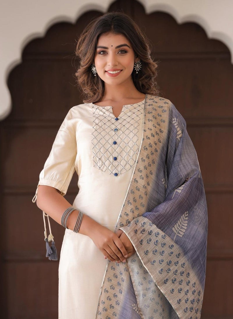 Beige Silk Kurta With Trousers & Blue Dupatta