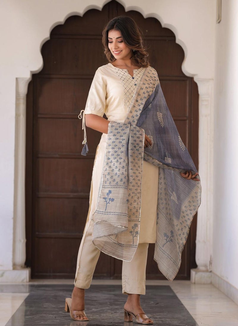 Beige Silk Kurta With Trousers & Blue Dupatta