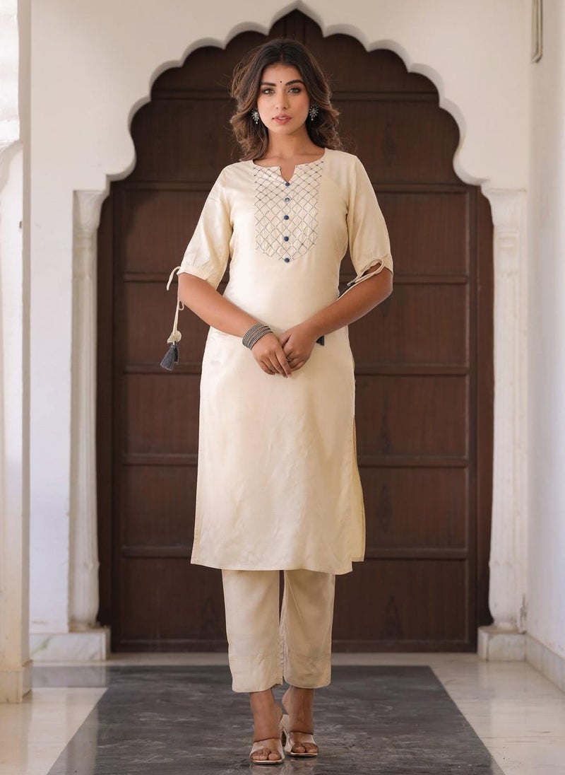 Beige Silk Kurta With Trousers & Blue Dupatta