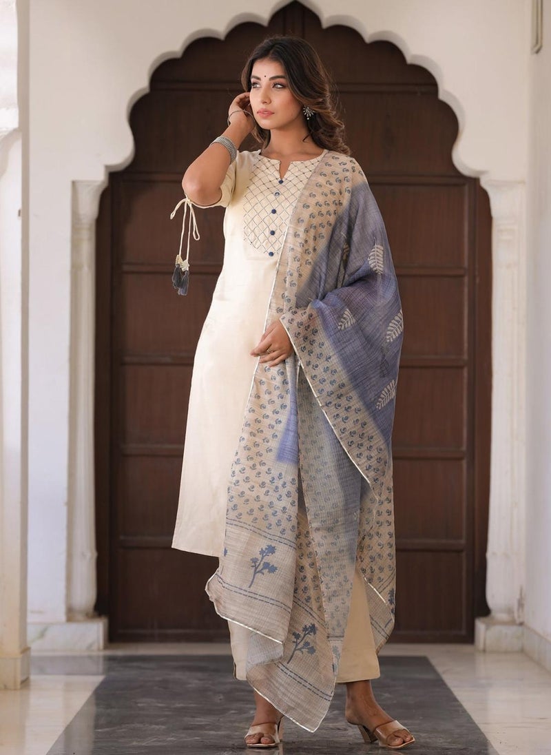 Beige Silk Kurta With Trousers & Blue Dupatta