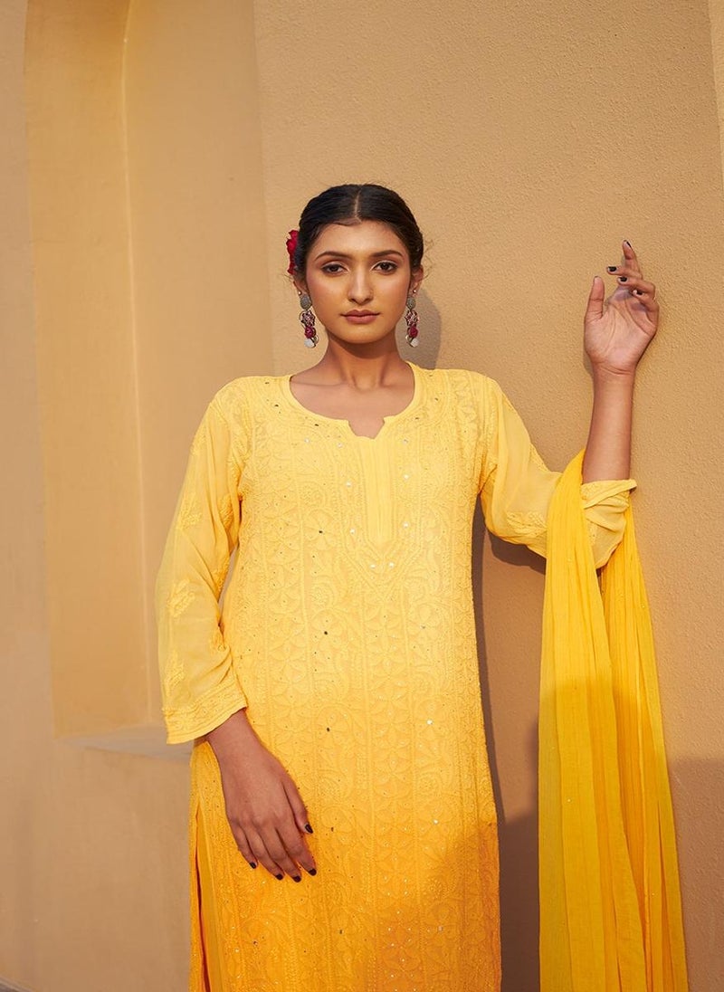 Zuri Yellow Georgette Kurta & Palazzo With Dupatta & Inner