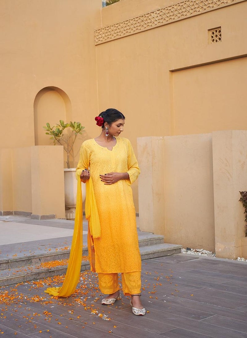 Zuri Yellow Georgette Kurta & Palazzo With Dupatta & Inner