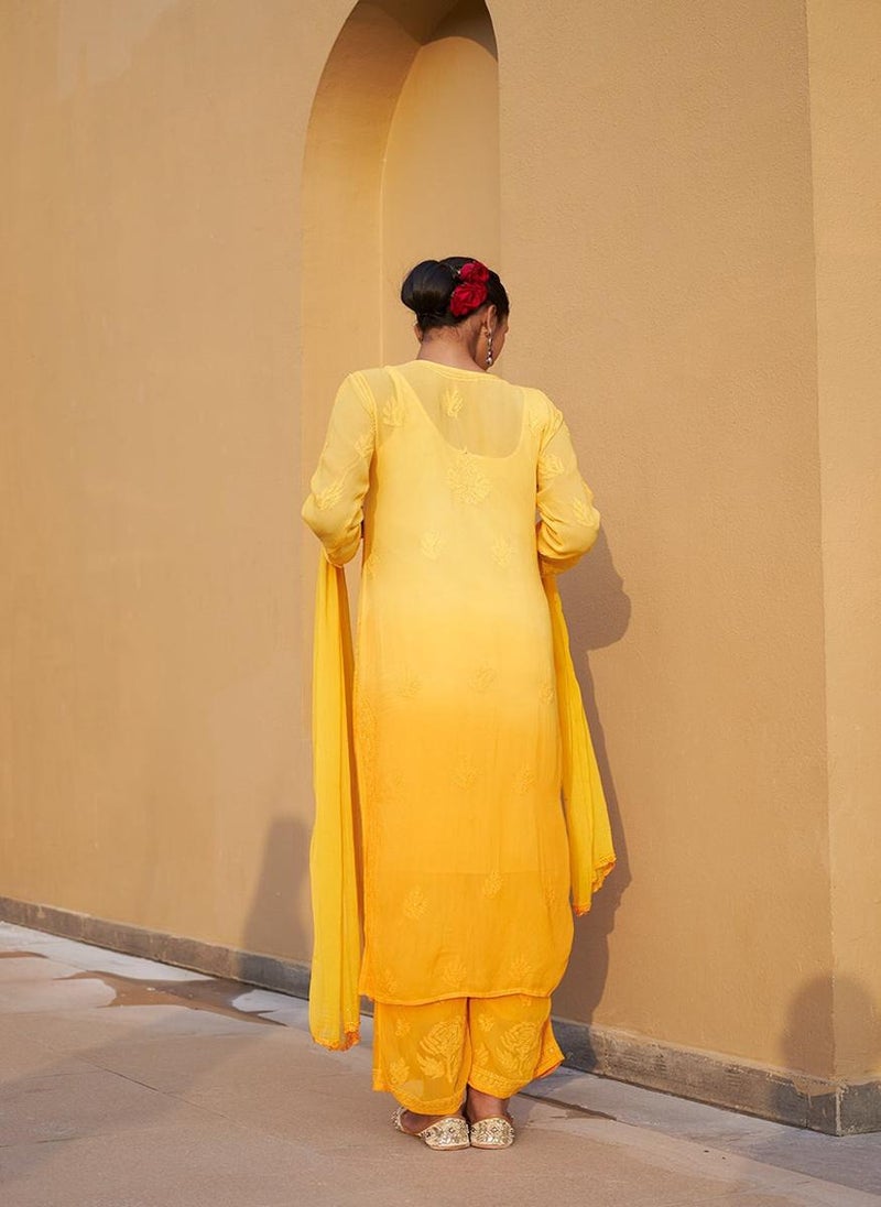 Zuri Yellow Georgette Kurta & Palazzo With Dupatta & Inner