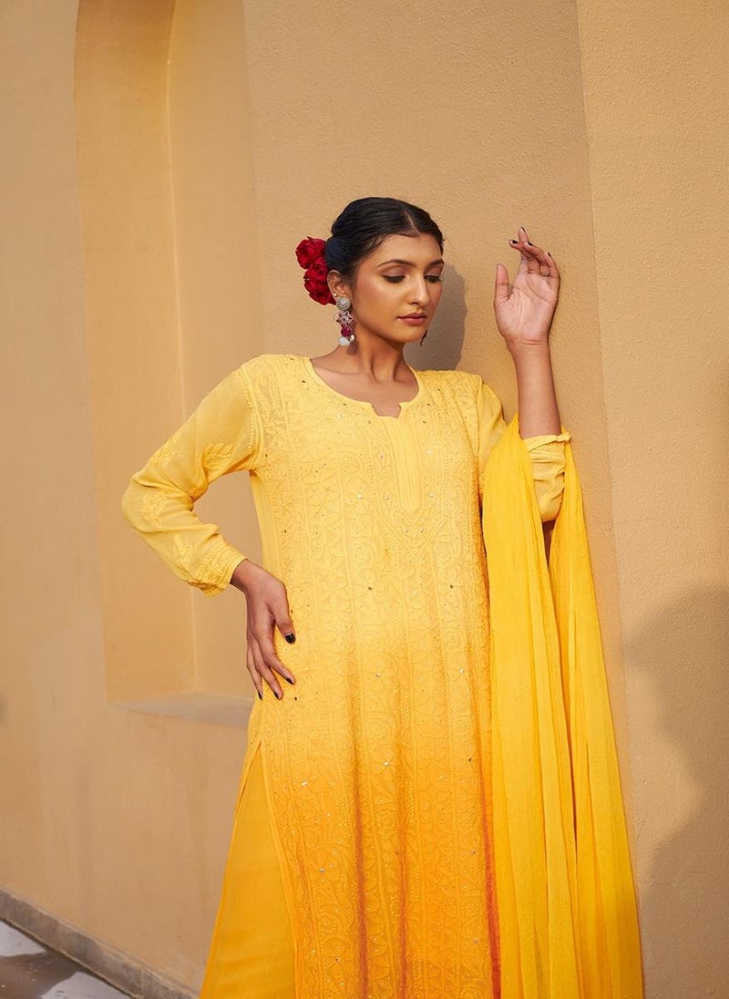 Zuri Yellow Georgette Kurta & Palazzo With Dupatta & Inner