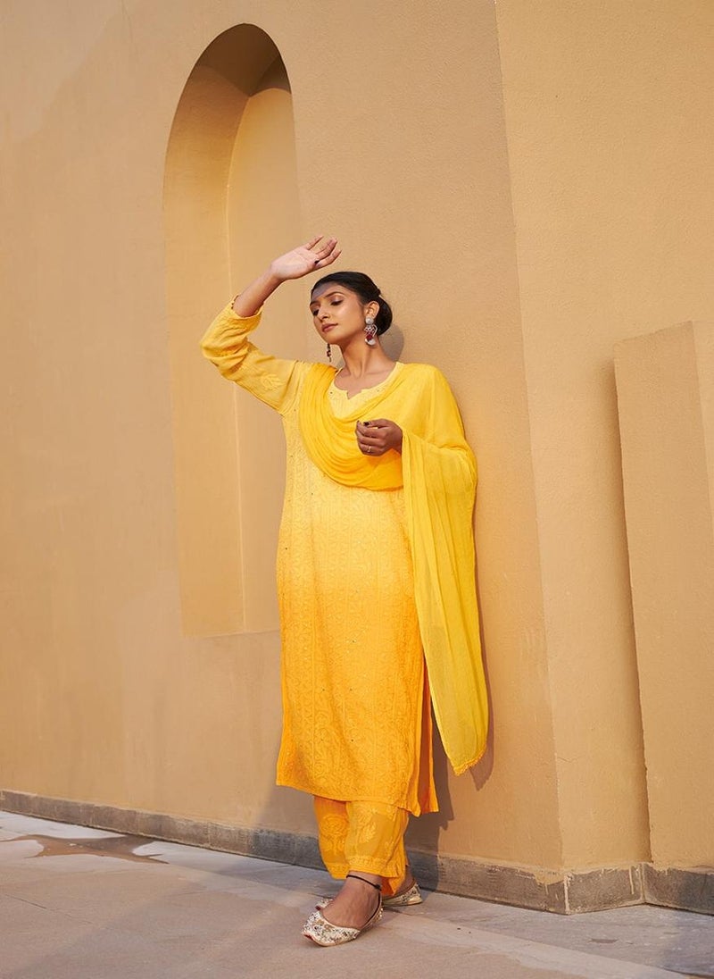 Zuri Yellow Georgette Kurta & Palazzo With Dupatta & Inner