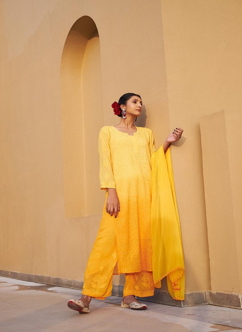 Zuri Yellow Georgette Kurta & Palazzo With Dupatta & Inner