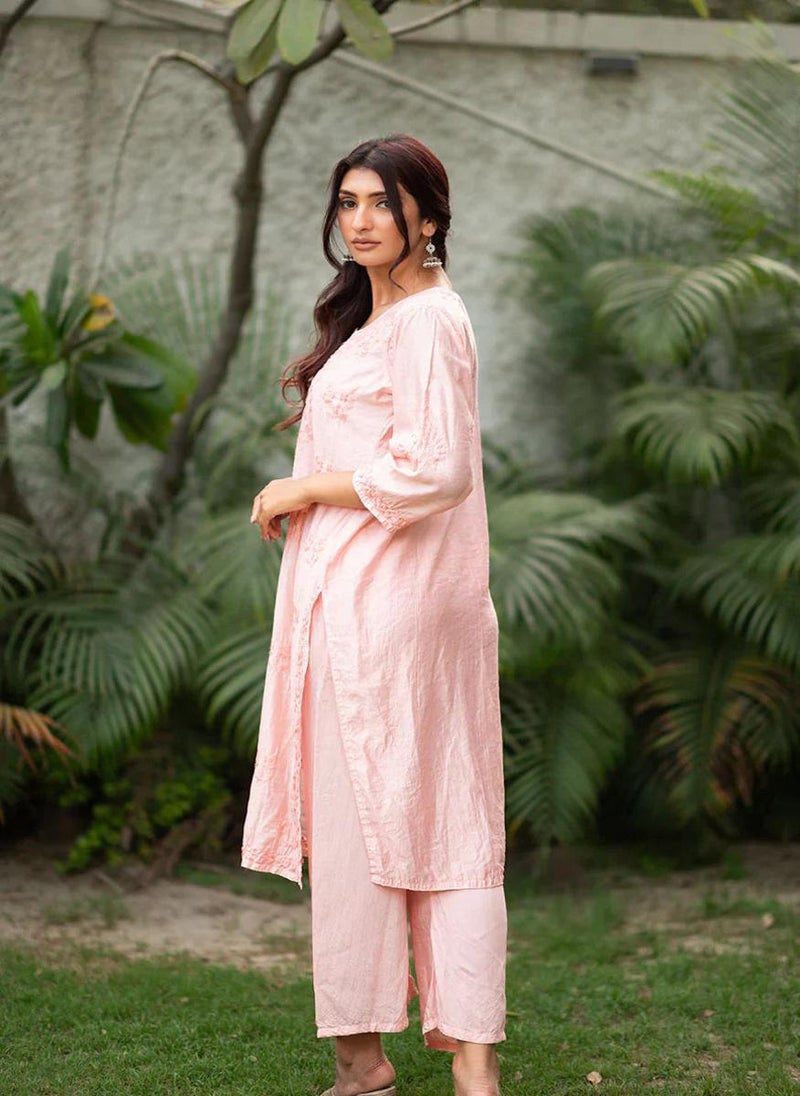 Suma Peach Chanderi Chikankari 2-Piece Kurta Set