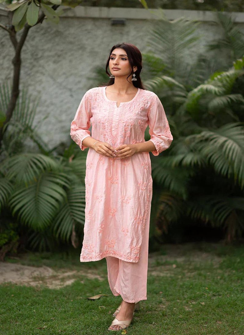 Suma Peach Chanderi Chikankari 2-Piece Kurta Set