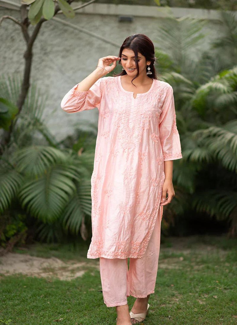 Suma Peach Chanderi Chikankari 2-Piece Kurta Set