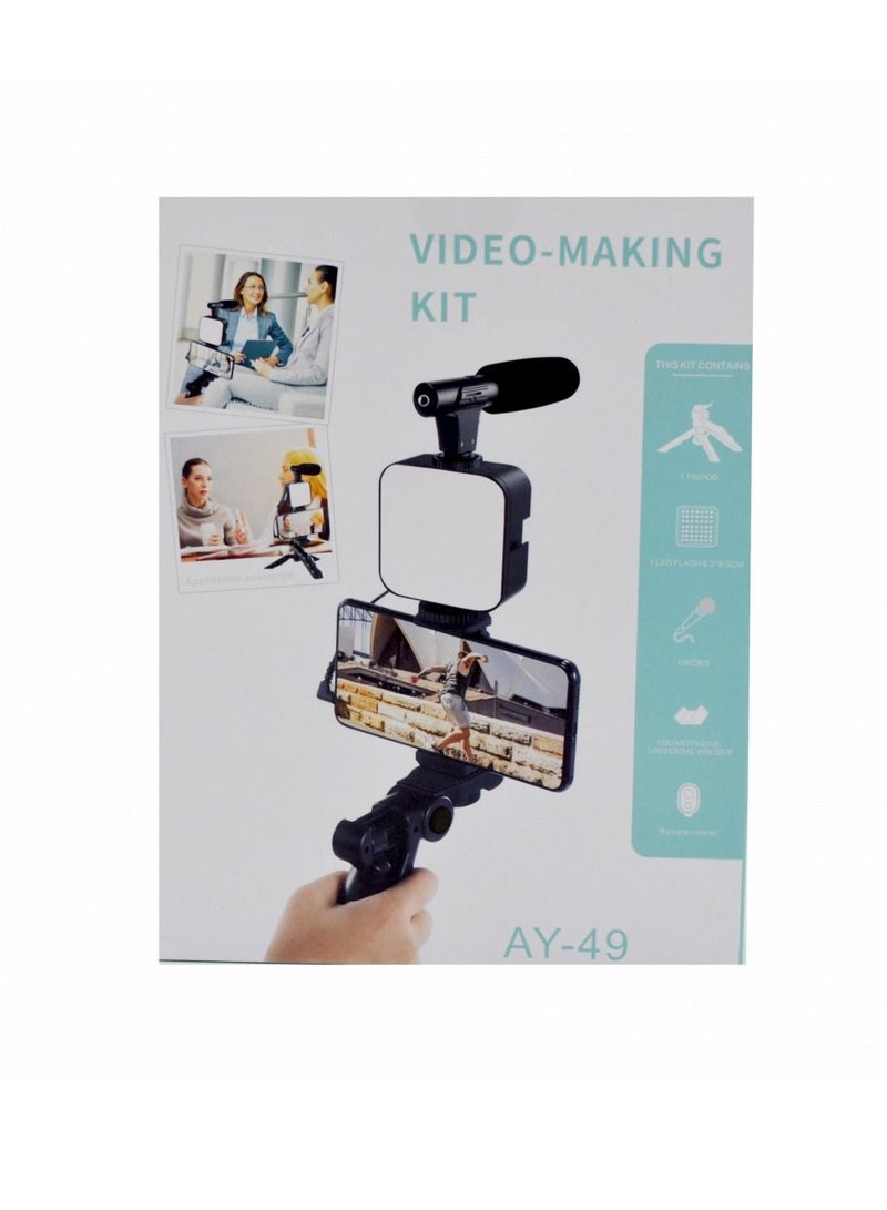 AY-49 Video Vlog Kit Accessories: Phone Tripod, Phone Mount, LED Light And Shotgun Microphone