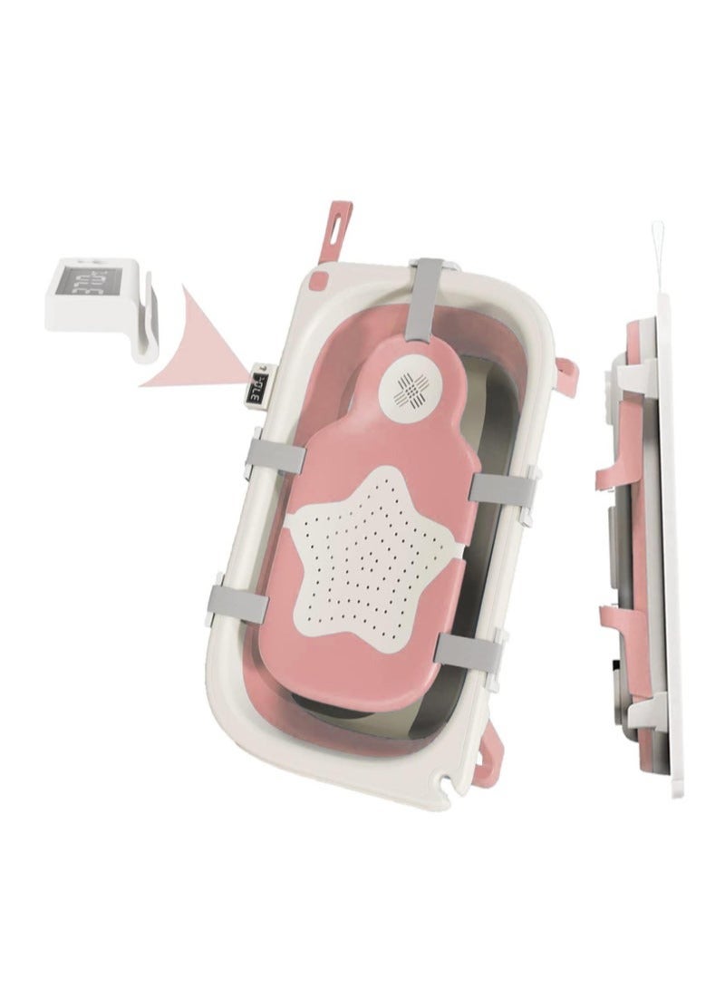Foldable Baby Bathtub with Temperature Sensing Portable Travel Bathtub with Drain Hole Durable Baby Bathtub Newborn to Toddler 0 to 36 Months