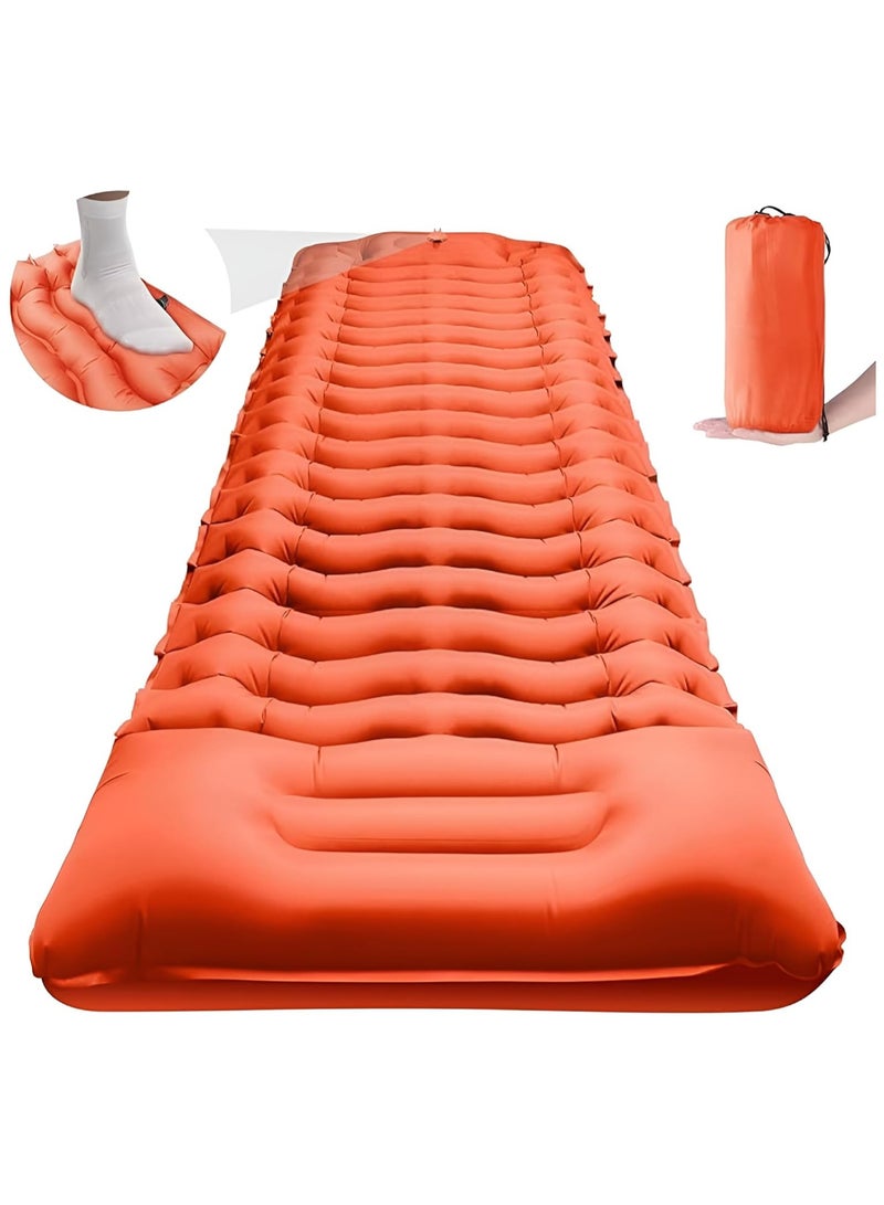 Self Inflating Sleeping Pad with Hand Pump 190X60cm ,Foldable Sleeping Mat with Pillow for Camping Hiking Durable Inflatable Air Mattress - Carry Bag, Repair Patches (Bright Orange)