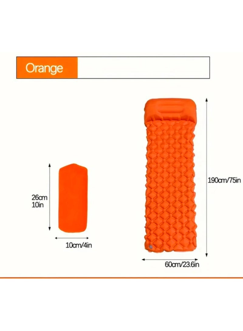 Self Inflating Sleeping Pad with Hand Pump 190X60cm ,Foldable Sleeping Mat with Pillow for Camping Hiking Durable Inflatable Air Mattress - Carry Bag, Repair Patches (Bright Orange)