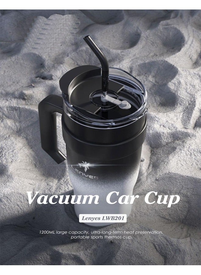 LENYES 1200ml Vacuum Insulated Car Cup with Handle and Straw