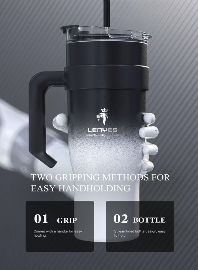 LENYES 1200ml Vacuum Insulated Car Cup with Handle and Straw