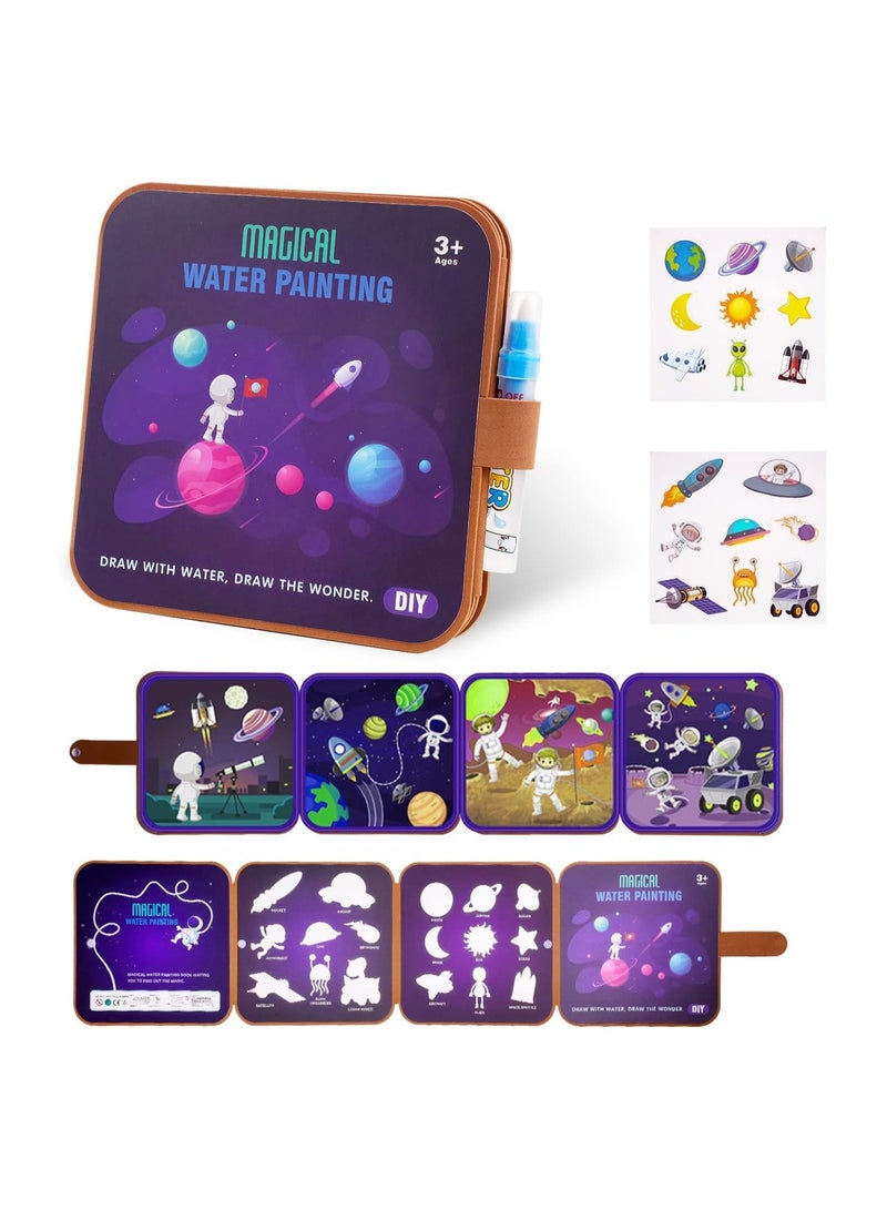 Reusable Water Colouring Books 2 in 1 Kids Magic Coloring Books with Pen and Stickers Books Animal Space Sticker Book
