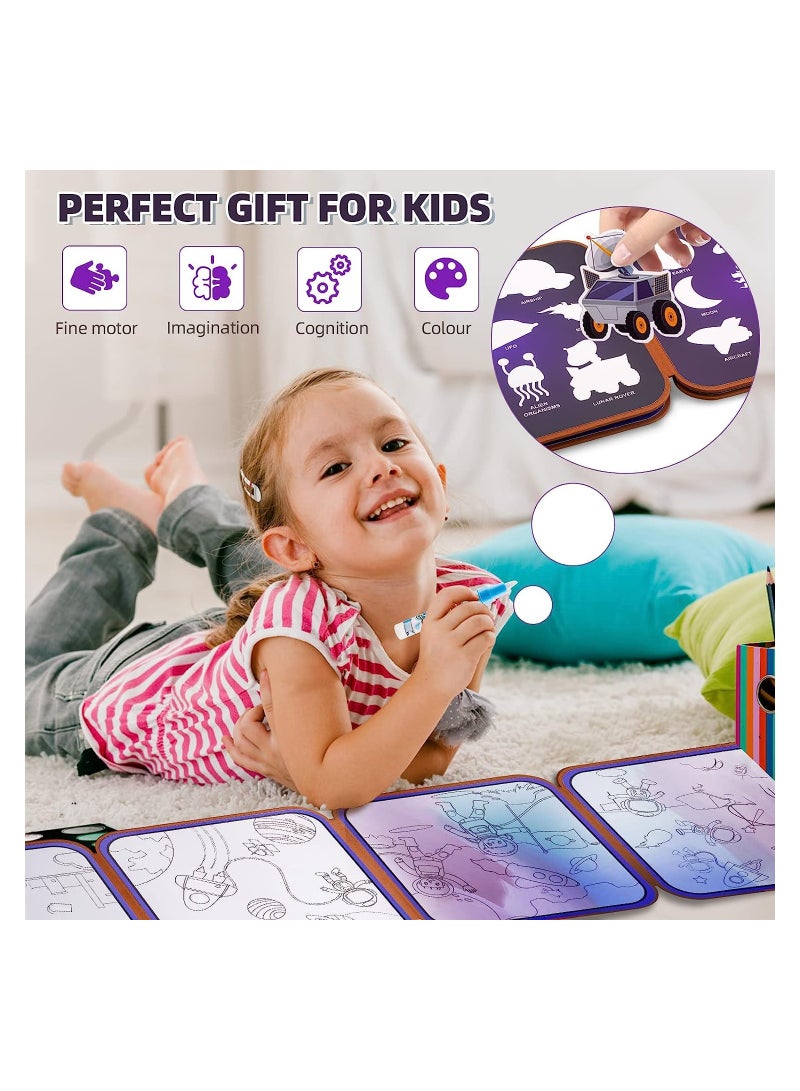 Reusable Water Colouring Books 2 in 1 Kids Magic Coloring Books with Pen and Stickers Books Animal Space Sticker Book