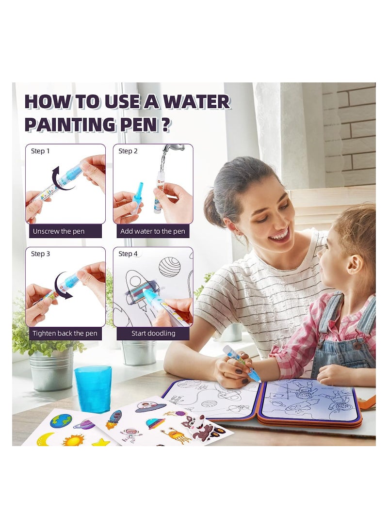 Reusable Water Colouring Books 2 in 1 Kids Magic Coloring Books with Pen and Stickers Books Animal Space Sticker Book