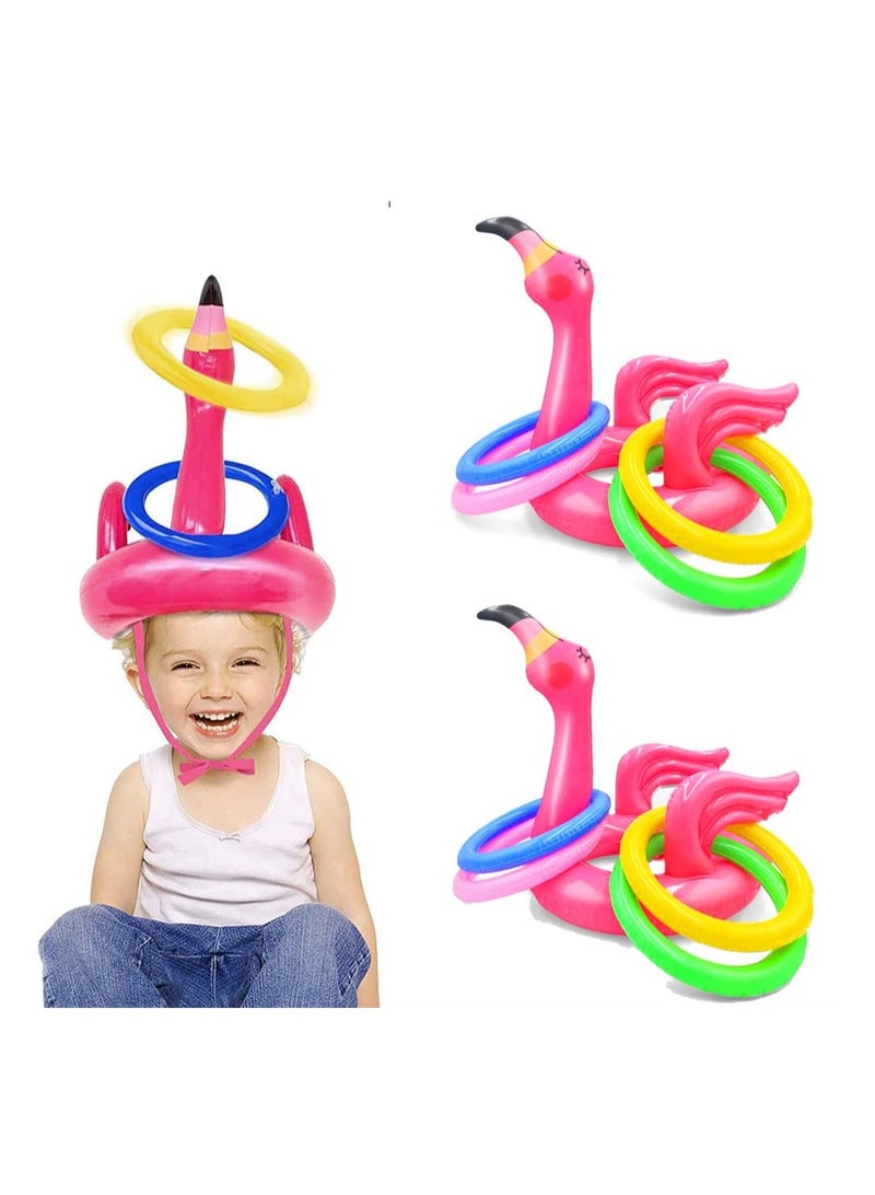 2 Pack Flamingo Pool Ring Toss Game - Exciting Summer Outdoor Fun for Kids & Family, Ideal for Backyard Luau & Pool Parties (Includes 2 Inflatable Flamingos & 8 Rings)