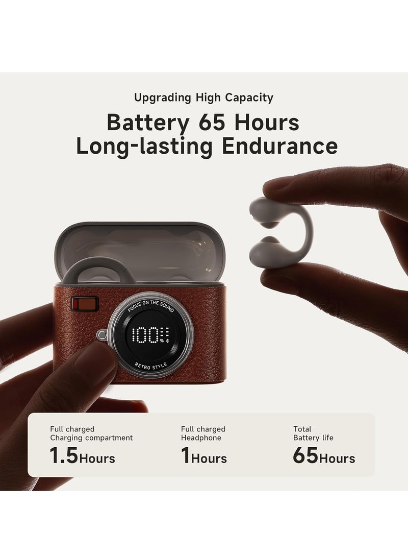 Open Ear Clip Headphones, Wireless Earbuds Bluetooth 5.4, Sport Clip-on Earphones, Light-Weight Headphones, with 4HD Mics, 65H Playtime & LED Display, Compatible with Android iOS/Samsung, Brown