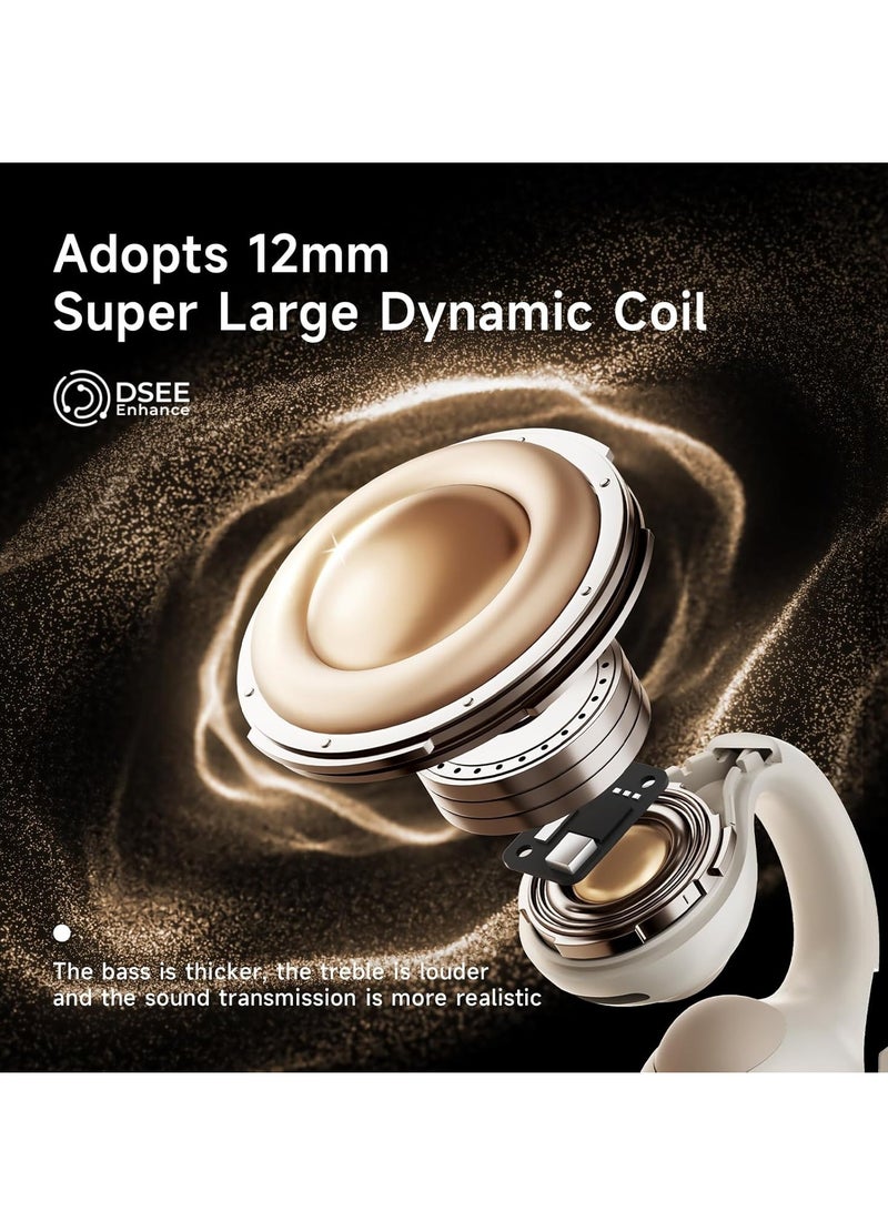 Open Ear Clip Headphones, Wireless Earbuds Bluetooth 5.4, Sport Clip-on Earphones, Light-Weight Headphones, with 4HD Mics, 65H Playtime & LED Display, Compatible with Android iOS/Samsung, Brown
